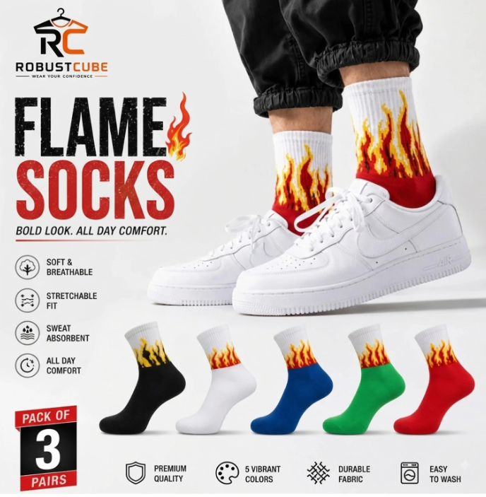 RobustCube Unisex Flame Graphic Print Mid-Calf/Crew (Pack of 3)